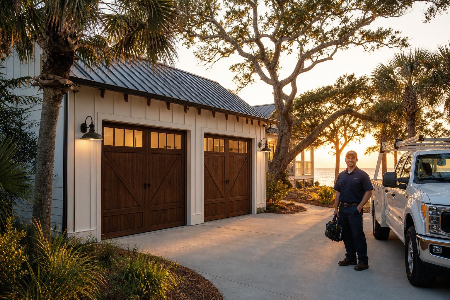 Coastal Wilmington NC home with carriage-style garage doors at golden hour, with a Myrtle Grove Garage Door Repair technician and service truck